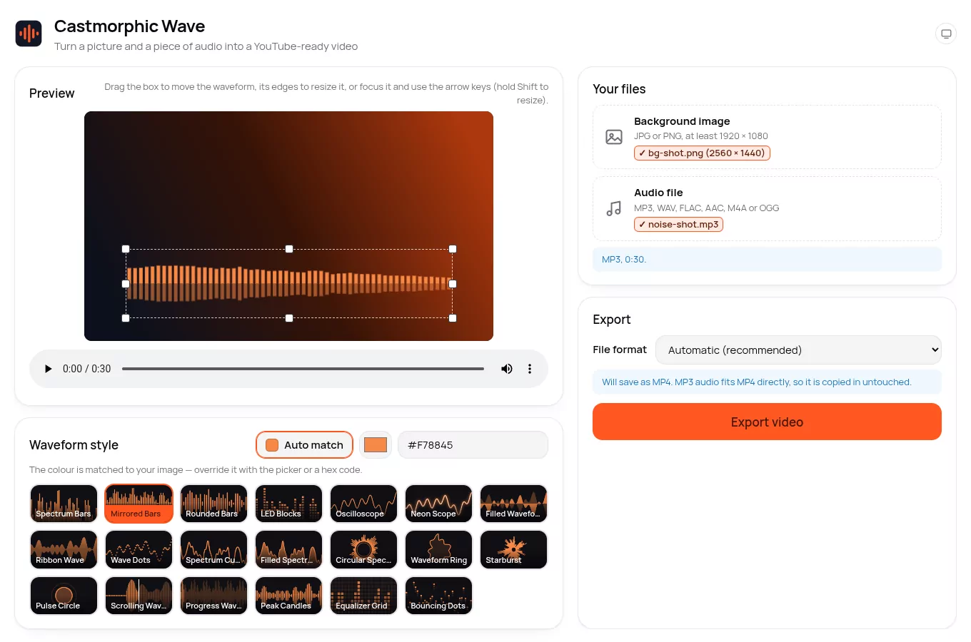 The Wave window: a background image in a 16:9 preview with a resizable waveform box over it, the style picker and colour controls below it, and file and export panels alongside.