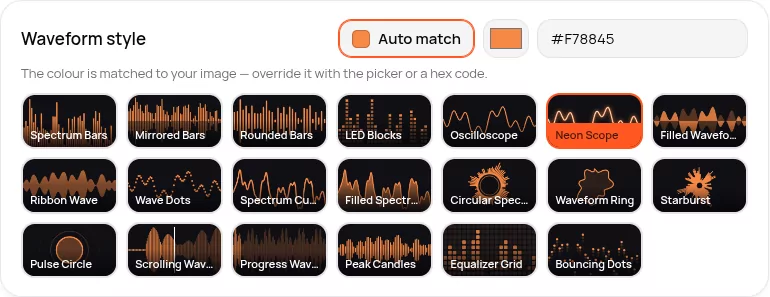 The style picker showing twenty animated waveform thumbnails in three rows, including bars, rings, dots, grids and scopes, with the colour controls on its heading row.